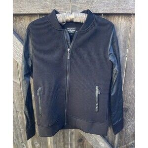 Straight Down Bomber Style Jacket, Faux Leather trim, Black Size Small